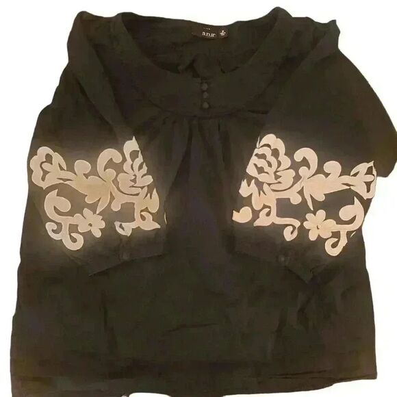 ANA Women's Black Cotton Tunic/Peasant Top - Picture 1 of 10